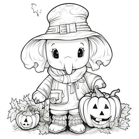 Coloring Book With A Cute Elephant Using Costume Scarecrow And Pumpkin