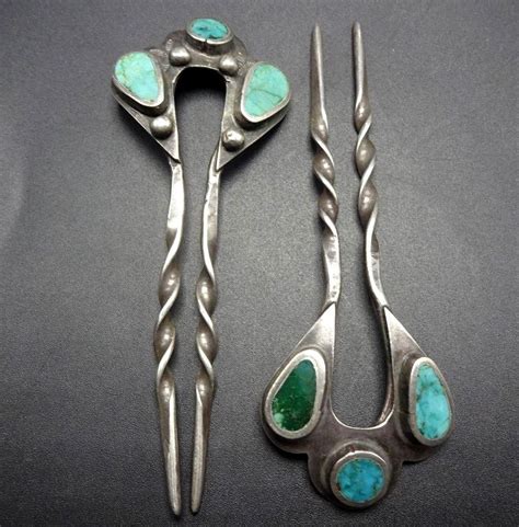 Set Of 2 Old Vintage Navajo Sterling Silver And Turquoise Hair Pins Circa