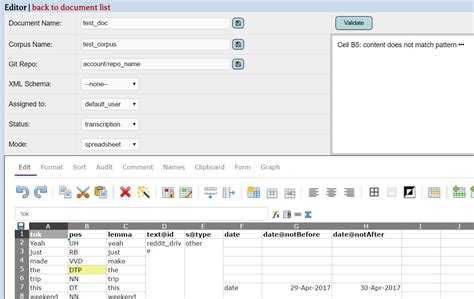 Xml Spreadsheet Editor Within Gitdox Version Controlled Annotation Interface Db Excel