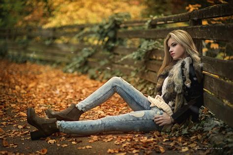 Free Images Autumn Leaves Pose Park Model The Fence Jeans