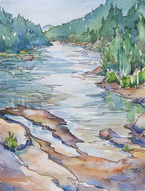 River Dusk Original Watercolor Of Peaceful Mountain River In The