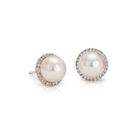 Akoya Cultured Pearl And Diamond Halo Stud Earrings In 14k Yellow Gold