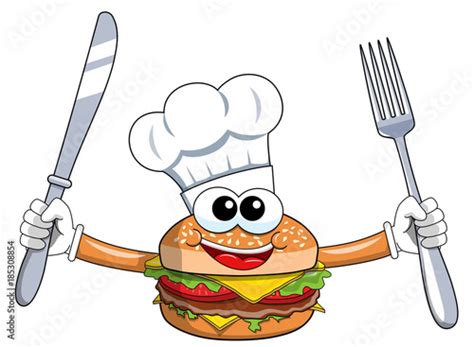 Cartoon Hamburger Character Cook Fork And Knife Isolated Stock Image