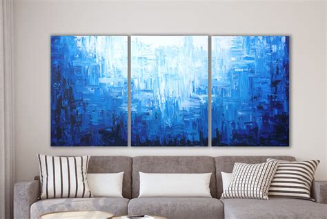 Blue Abstract Canvas Art Print Triptych Set Of 3 Art Prints Etsy