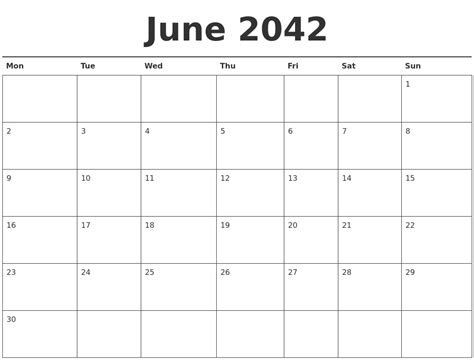 June 2042 Calendar Printable
