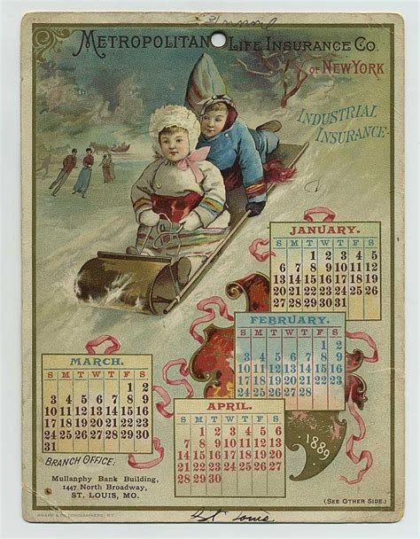 1889 Met Life Insurance Co Ny Advertising Trade Card Calendar Sledding