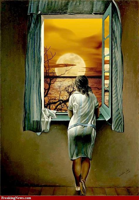 Dali Girl Looking At The Moon Through The Window Female Art Painting