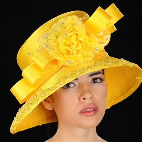 oe8009 yellow satin church hat with rhinestones and flower church hats church lady hats