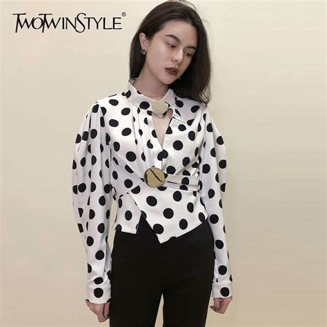 twotwinstyle dot shirt female metal button hollow out ruched tunic long sleeve irregular blouse