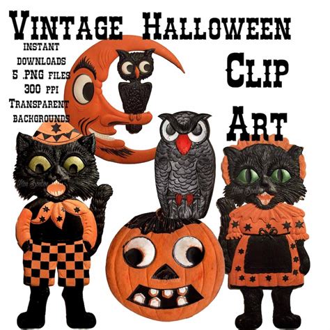5 Vintage Halloween Clip Art Images Png Diy Printable Etsy