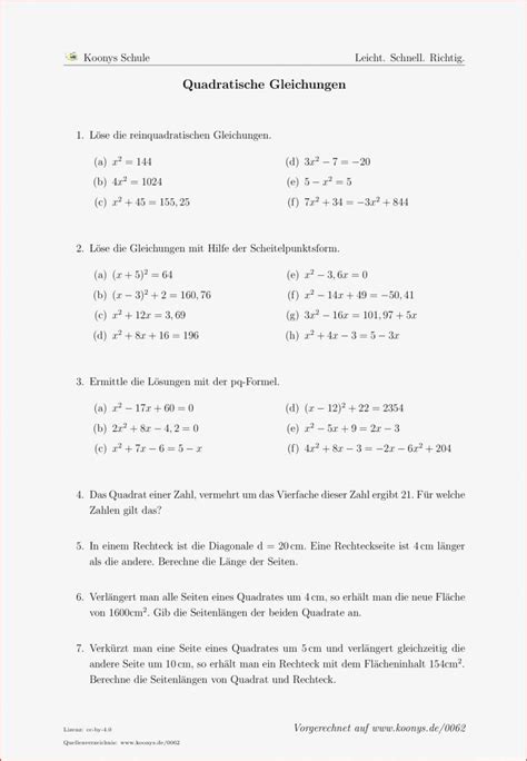 Aufgaben Quadratische Gleichungen Mit Lösungen Kostenlose