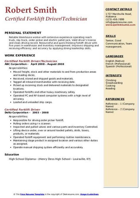 Certified Forklift Driver Resume Samples Qwikresume