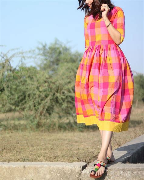 Pink And Yellow Checks Cotton Dress By Threeness The Secret Label