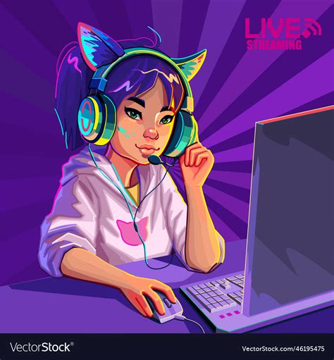 Asian Girl Gamer Or Streamer With Cat Ears Vector Image