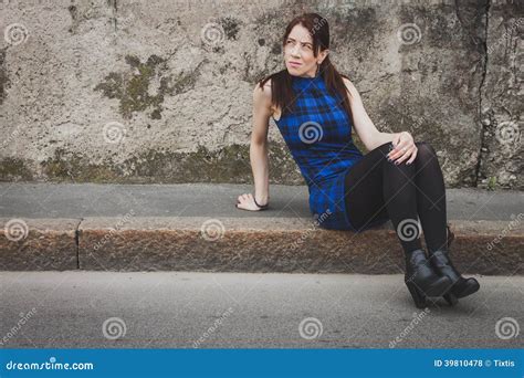 Pretty Girl Sitting On Sidewalk Stock Photo Image Of People Lady