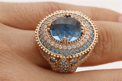 Turkish Handmade Jewelry Oval Shape London Blue And Round Cut Topaz 925