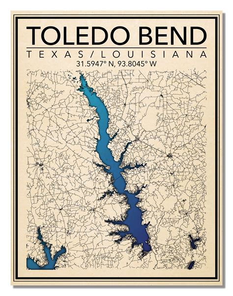 Wall Art Map Print Of Toledo Bend Reservoir Texaslouisiana Etsy