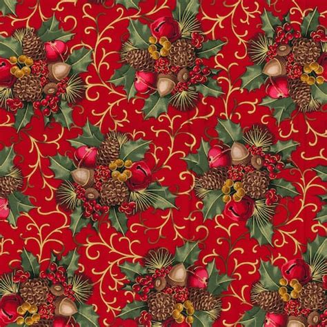 Fabric Traditions Christmas Red Glitter Berries And Bells Cotton Fabric
