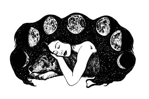 The Wolf And The Moon Giclee Archival Black And White Illustrated Art Print Pagan Witch