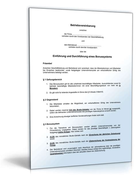 Kooperationsvereinbarung muster kostenlos / geheimhaltung die vertragsparteien verpflichten sich, wechselseitig sämtliche zur erfüllung dieser kooperationsvereinbarung und der gemeinsamen. Betriebsvereinbarung Bonussystem - Muster-Vorlage zum Download