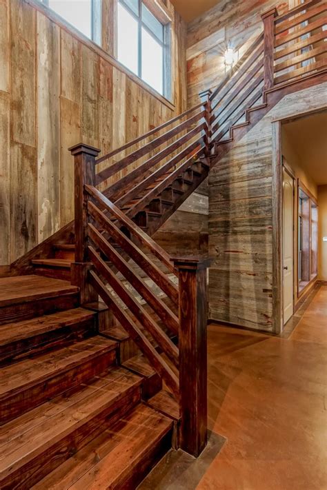 The timbertech brown oak/rustic elm combo looks killer! Rustic Stairs With Natural Wood Walls and Stained Wood ...