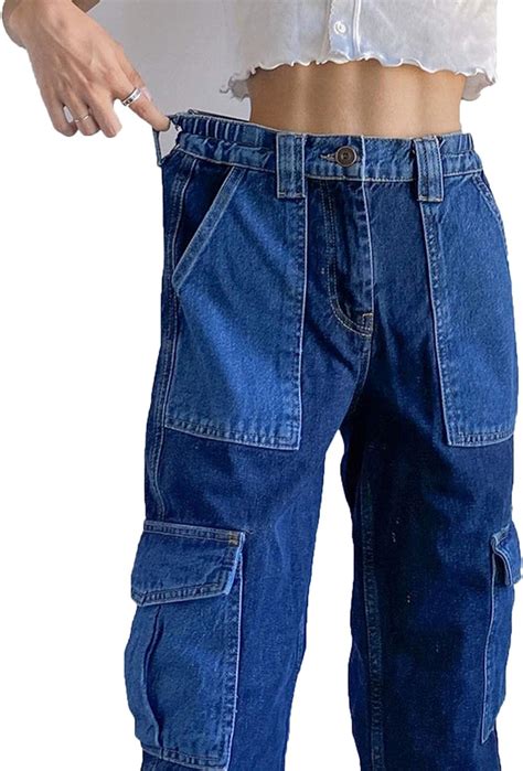 Djyoyo Pocket Cargo Pants Straight Wide Leg Baggy Jeans Women Korean