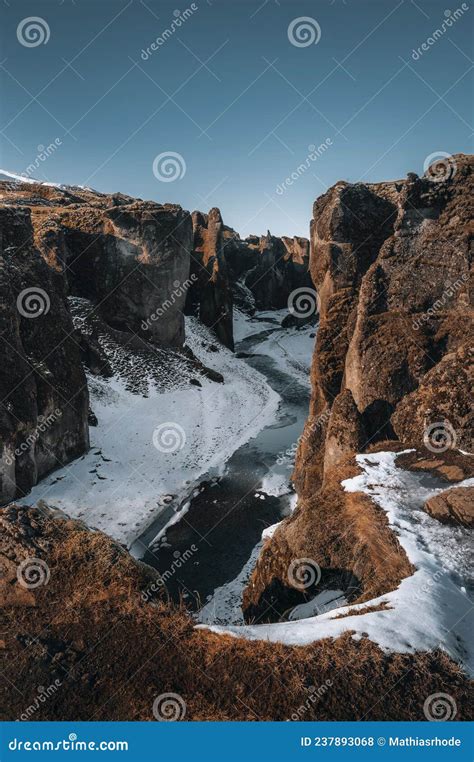 Aerial Drone View Of Fjadrargljufur Canyon And Fjadra River At Winter