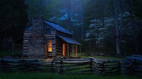 Log Cabin In The Forest At Night Image Id 251409 Image Abyss