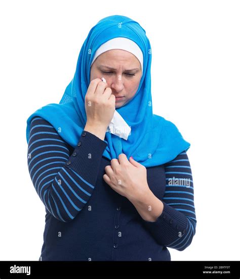 Sad Stressed Arab Woman Mourning Crying Alone Isolated On White Background Upset Desperate