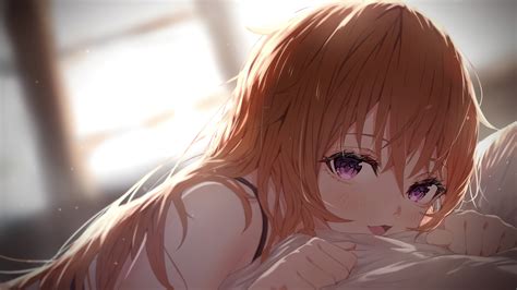 Wallpaper Anime Girls Redhead Purple Eyes In Bed Long Hair Sunlight Smiling Konoe