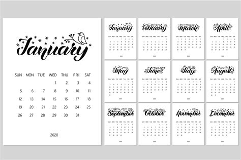 Monthly 2020 Year Calendar | Custom-Designed Illustrations ~ Creative Market