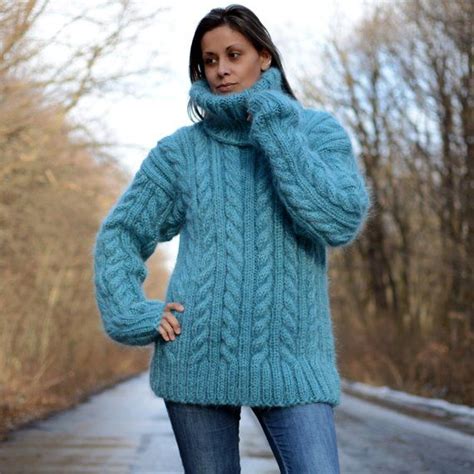 Hand Knit Mohair Sweater Cable Dull Blue Fuzzy Turtleneck Etsy