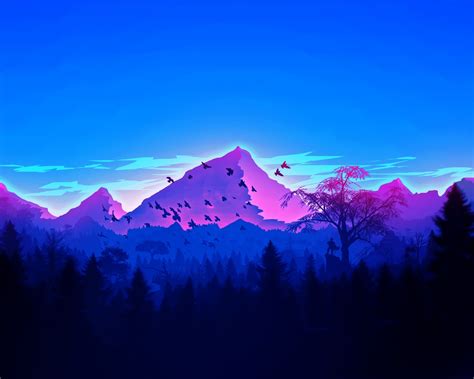 1280x1024 Forest Birds Mountains Vaporwave Minimalism Wallpaper