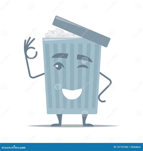 Smiling Cartoon Trash Can Shows Gesture Okay Urn With Crumpled Paper
