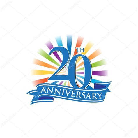 20th Anniversary Ribbon Logo With Colorful Rays Of Light — Stock Vector