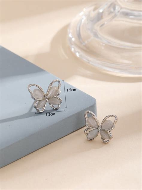 Pair Fashion Zinc Alloy Rhinestone Decor Butterfly Stud Earrings For