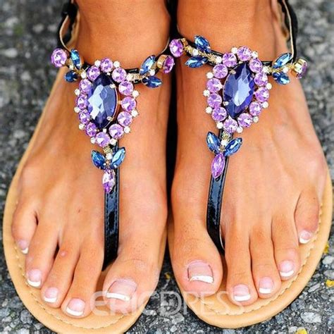 Ericdress Purple Rhinestone Clip Toe Flat Sandals Jeweled Sandals Me