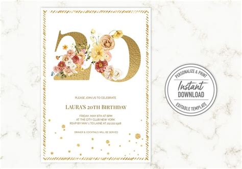 Printable 20th Birthday Invitation Editable Template Etsy