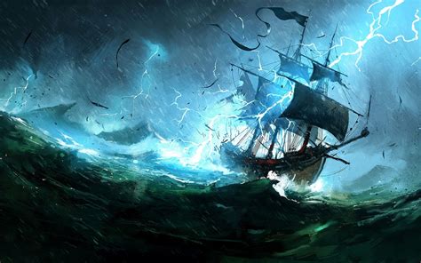 Download 2560x1600 Sailing Ship Storm Lightning Waves Ocean