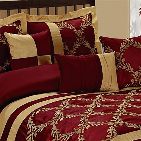 Hig 7 Piece Comforter Set Queen Burgundy And Gold Faux Silk Fabric