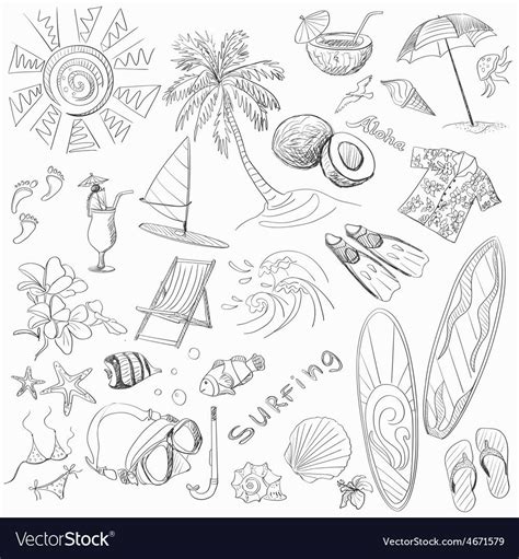 Surfing Hand Draw Doodles Various Summer Excellent Vector