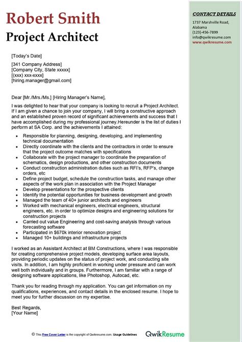 Project Architect Cover Letter Examples Qwikresume