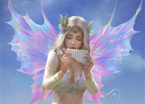 Wallpaper ID Flute Women Cleavage Wings Digital Art Fantasy Girl Yakun Wang