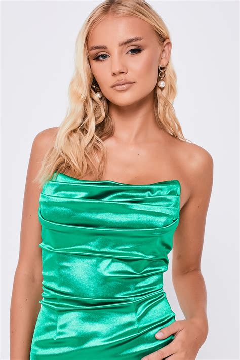 yvonne green satin strapless ruched bust mini dress
