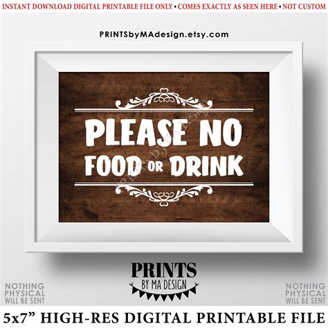 Please No Food Or Drink Sign Keep Food Out Printable 5x7 Rustic Wood