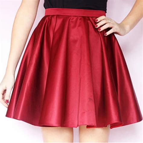 Dark Red Short Satin Skirts Waistband Circle Skater Women Skirts