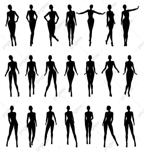 Nackte Weibliche Silhouette Mode Modell Pose Set Weiblich Farbe Gebunden PNG Und Vektor Zum