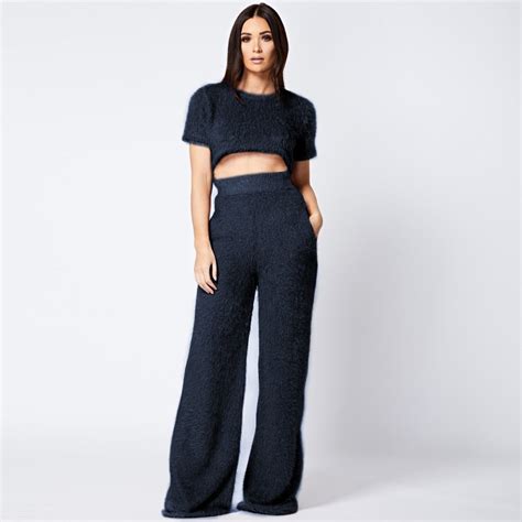 new women sexy crop top and wide leg pants two piece set female 2019 autumn winter warm pocket