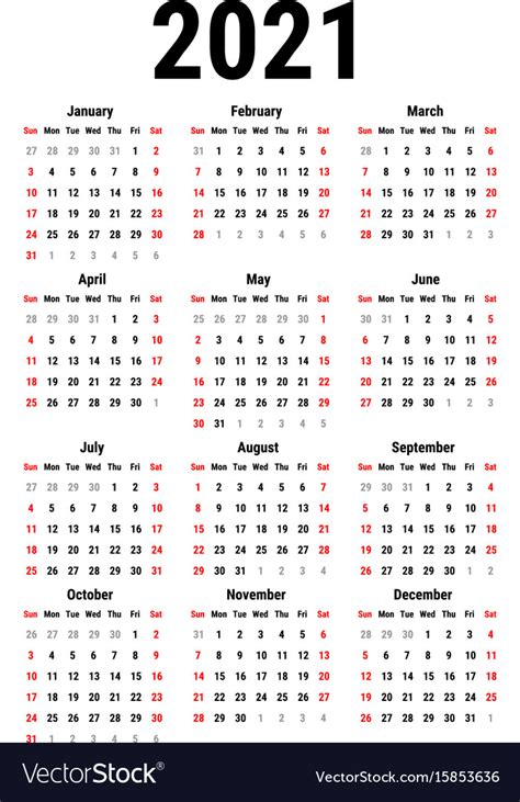 Choose your sunday or monday start calendar and. Calendar for 2021 Royalty Free Vector Image - VectorStock