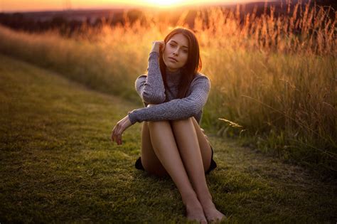 Women Beautiful Girl Sitting Outdoors Grass Sunset 4k
